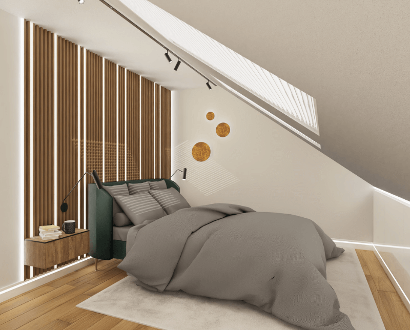 projekty wnętrz wojtal wnętrza, architekt wnętrz gdynia, architekt wnętrz trójmiasto, projekt sypialni, sypialnia ze skosami